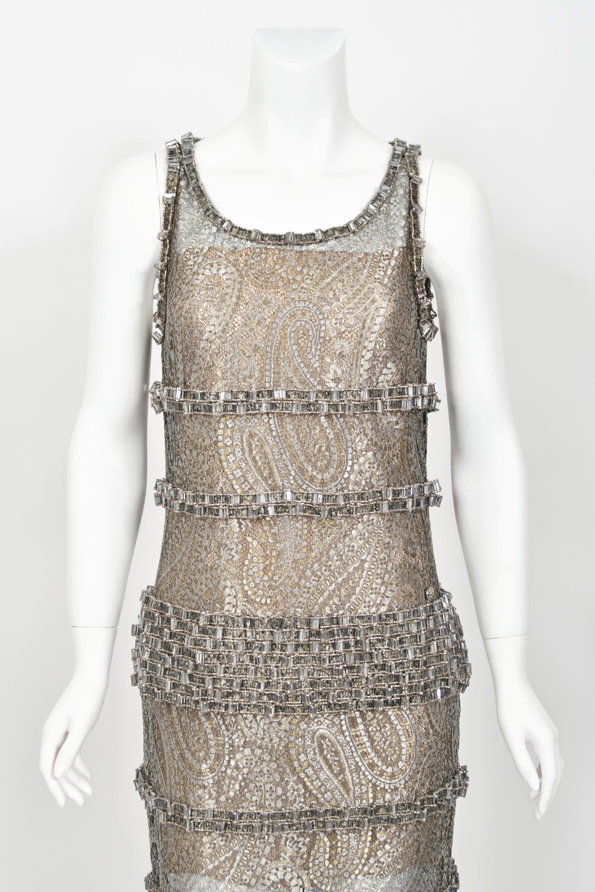 2012 Chanel by Karl Lagerfeld Runway Crystal Beaded Sheer Silver &amp; Gold Lace Dress