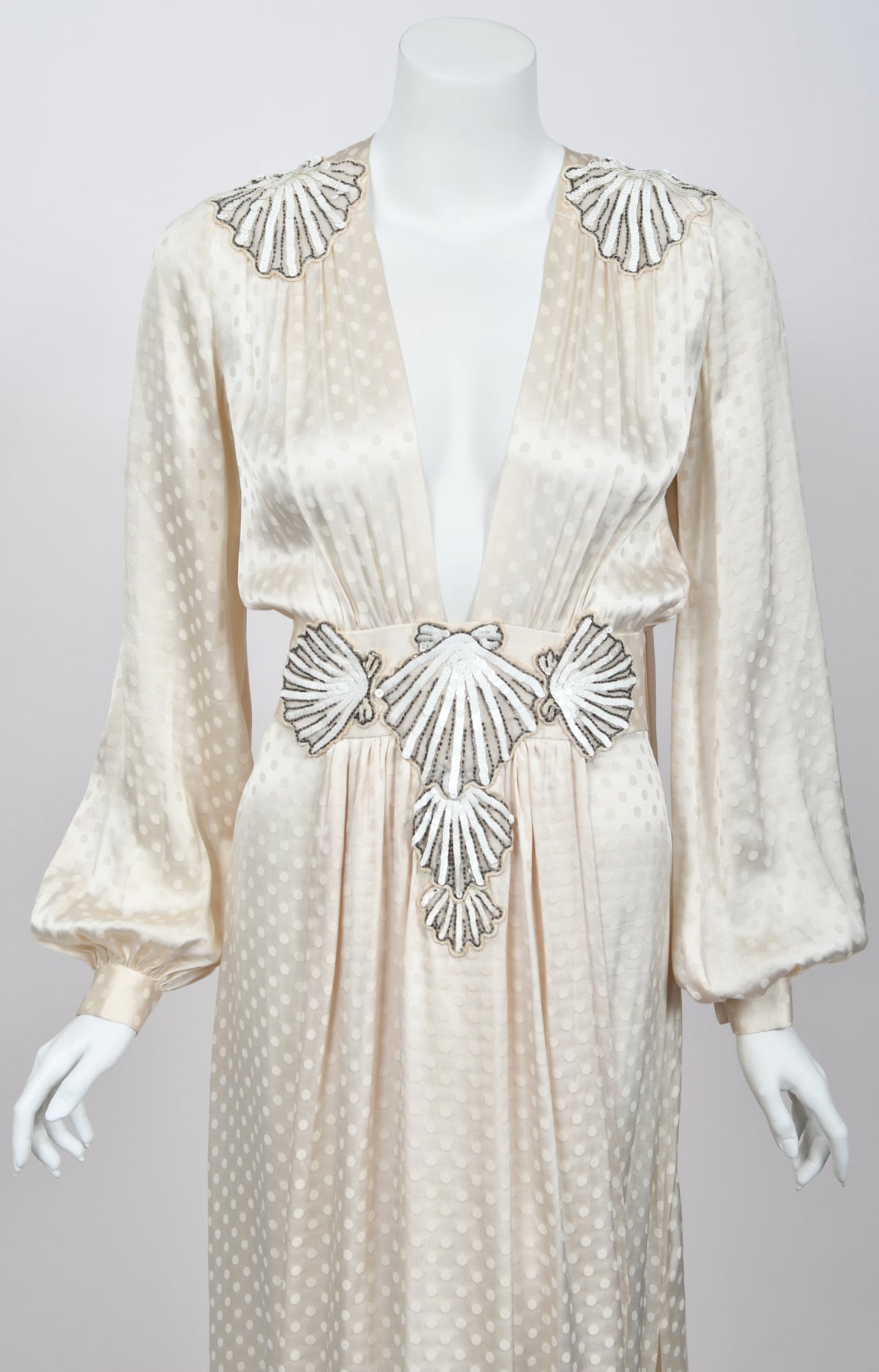 1974 Thea Porter Couture Beaded Sequin Seashells Ivory Silk Billow-Sleeve Trained Gown