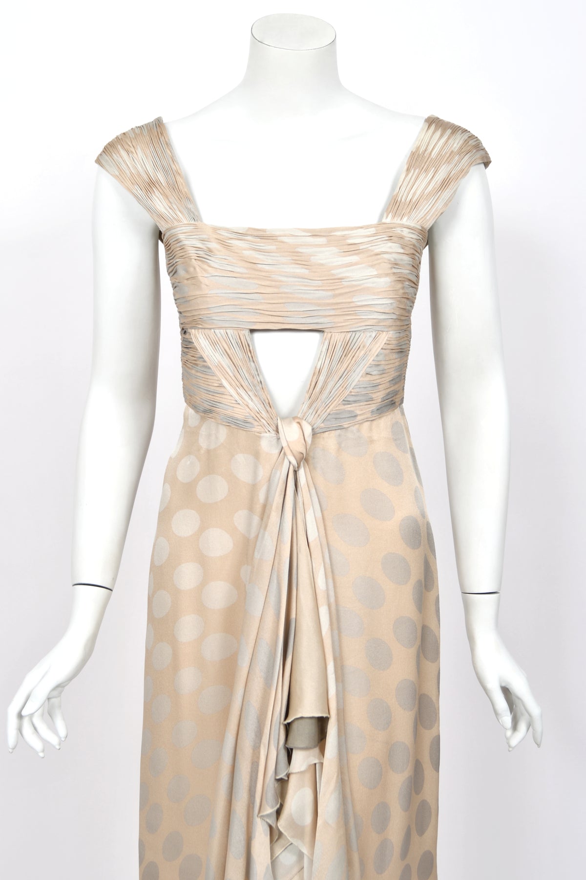 2008 Valentino Runway Polka-Dot Champagne &amp; Silver Silk Ruched Cut-Out Gown