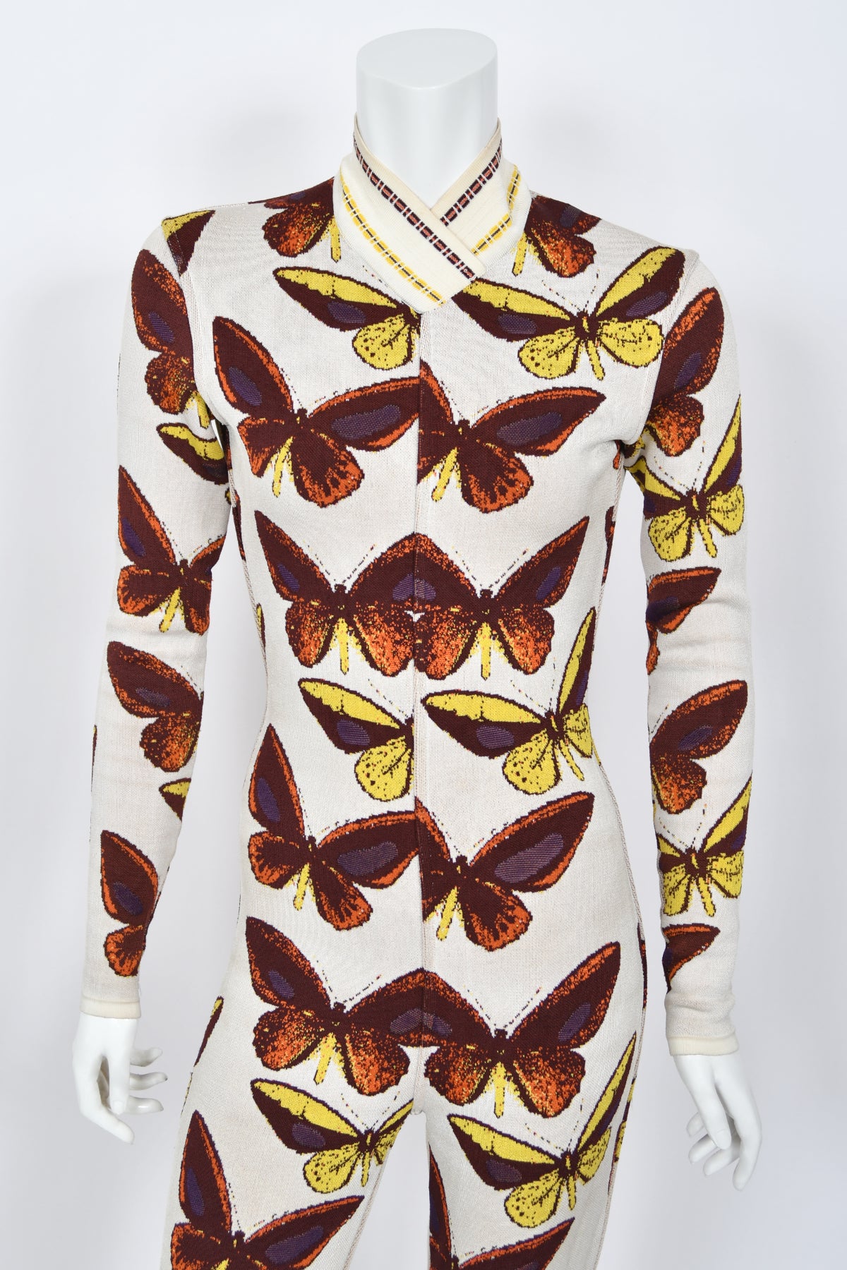 1991 Azzedine Alaïa Iconic Runway Butterfly Print Ivory Stretch Knit Bodycon Catsuit