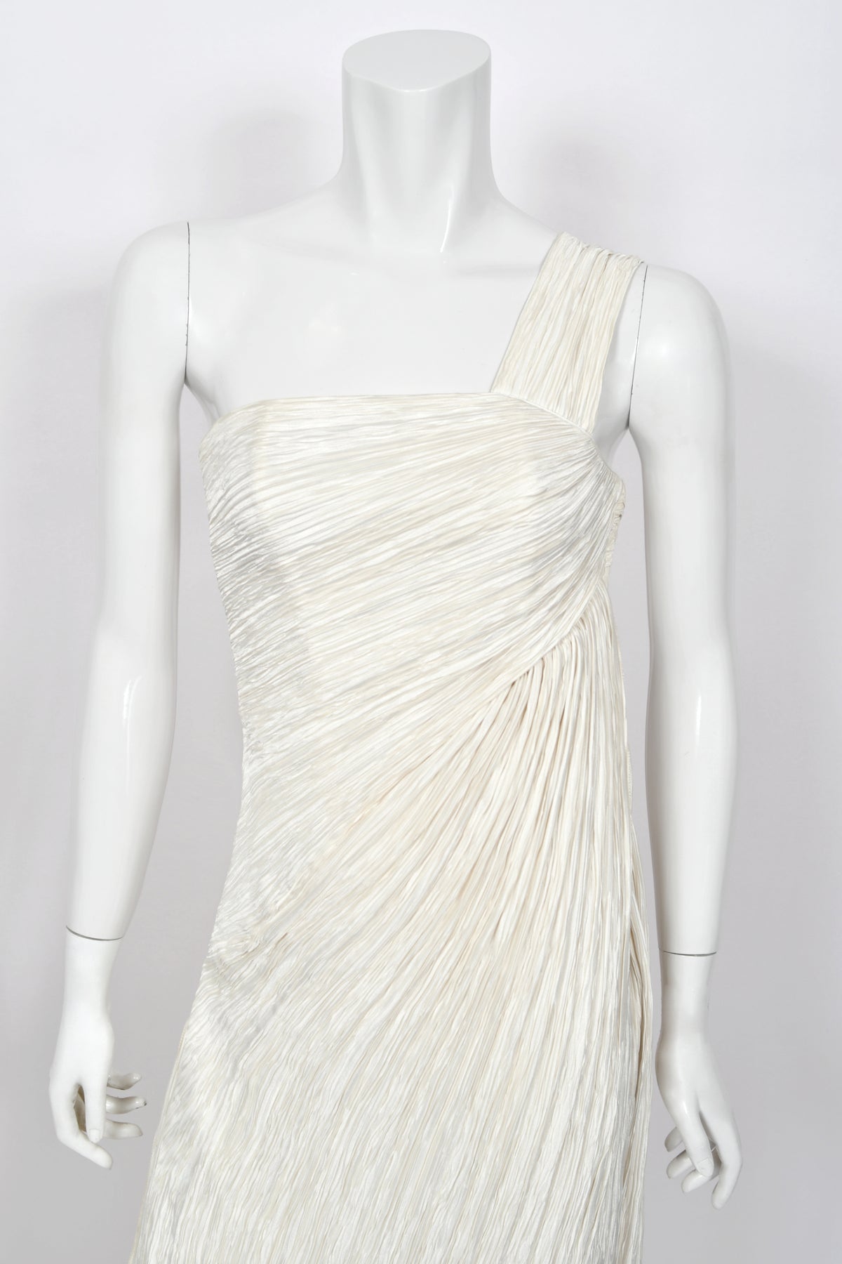 1983 Mary McFadden Ivory Heavily Pleated Asymmetric One-Shoulder Draped Goddess Gown