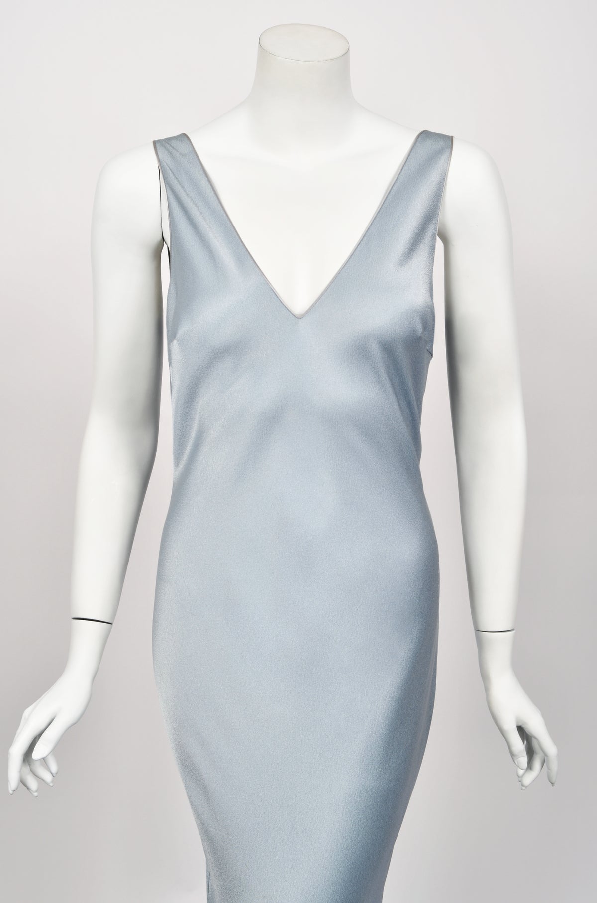 1997 John Galliano Documented Ice Blue Satin Backless Bias-Cut Trained Gown