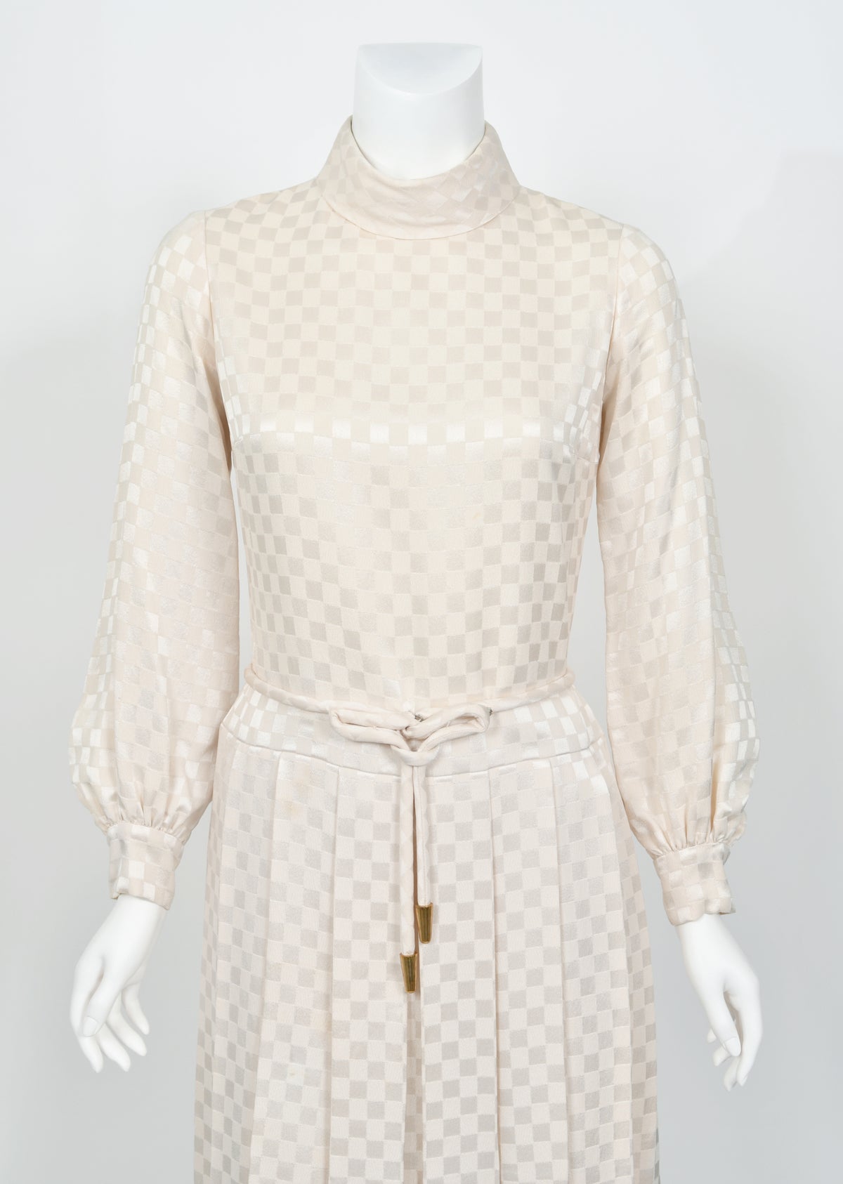 1968 Christian Dior Haute Couture Documented Ivory Checkered Silk Pleated Mini Dress