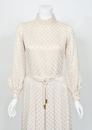 1968 Christian Dior Haute Couture Documented Ivory Checkered Silk Pleated Mini Dress