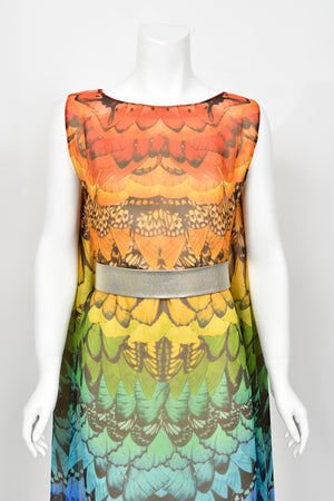 2008 Alexander McQueen Documented Rainbow Butterfly Print Silk Belted Cape Dress