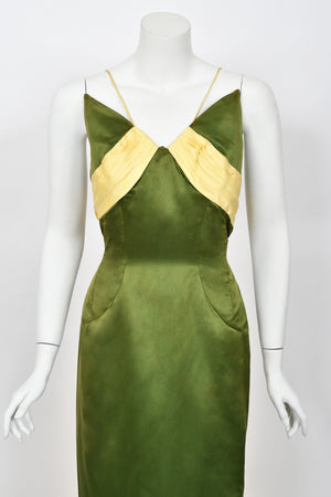 1950's Anne Verdi Green & Yellow Silk Winged-Bust Hourglass Trained Gown