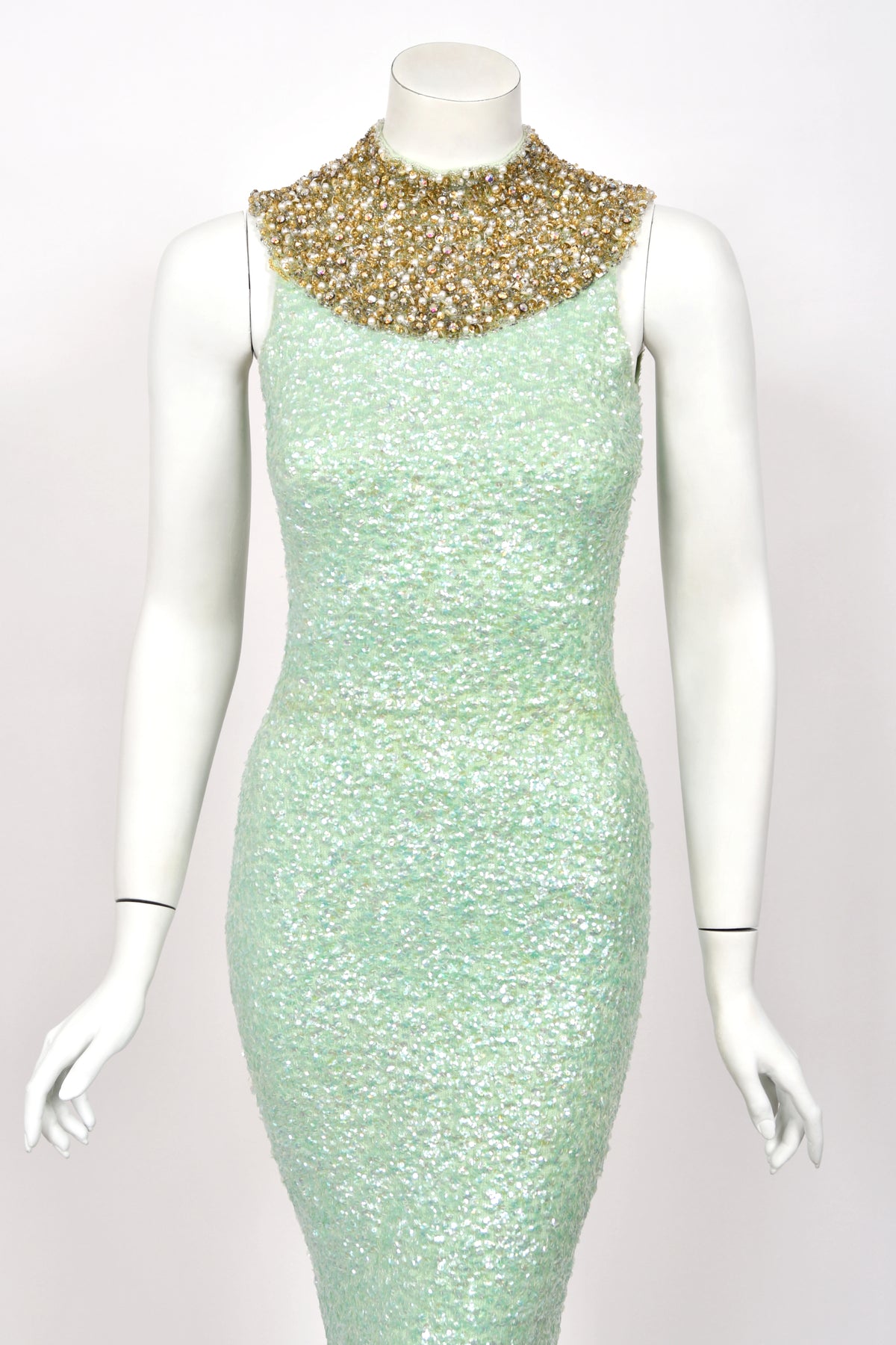 1960's Gene Shelly Seafoam Fully- Sequin Stretch Knit Beaded Collar Hourglass Gown