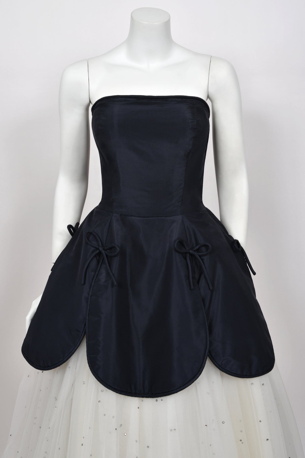 1950’s Edith Small Navy Silk &amp; Rhinestone White Tulle Strapless 'Petal' Dress w/ Shawl