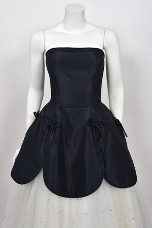 1950’s Edith Small Navy Silk & Rhinestone White Tulle Strapless 'Petal' Dress w/ Shawl