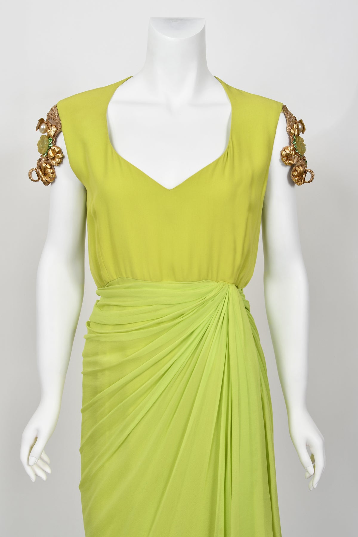 1991 Christian Dior by Gianfranco Ferré Chartreuse Silk Metallic Beaded Draped Dress