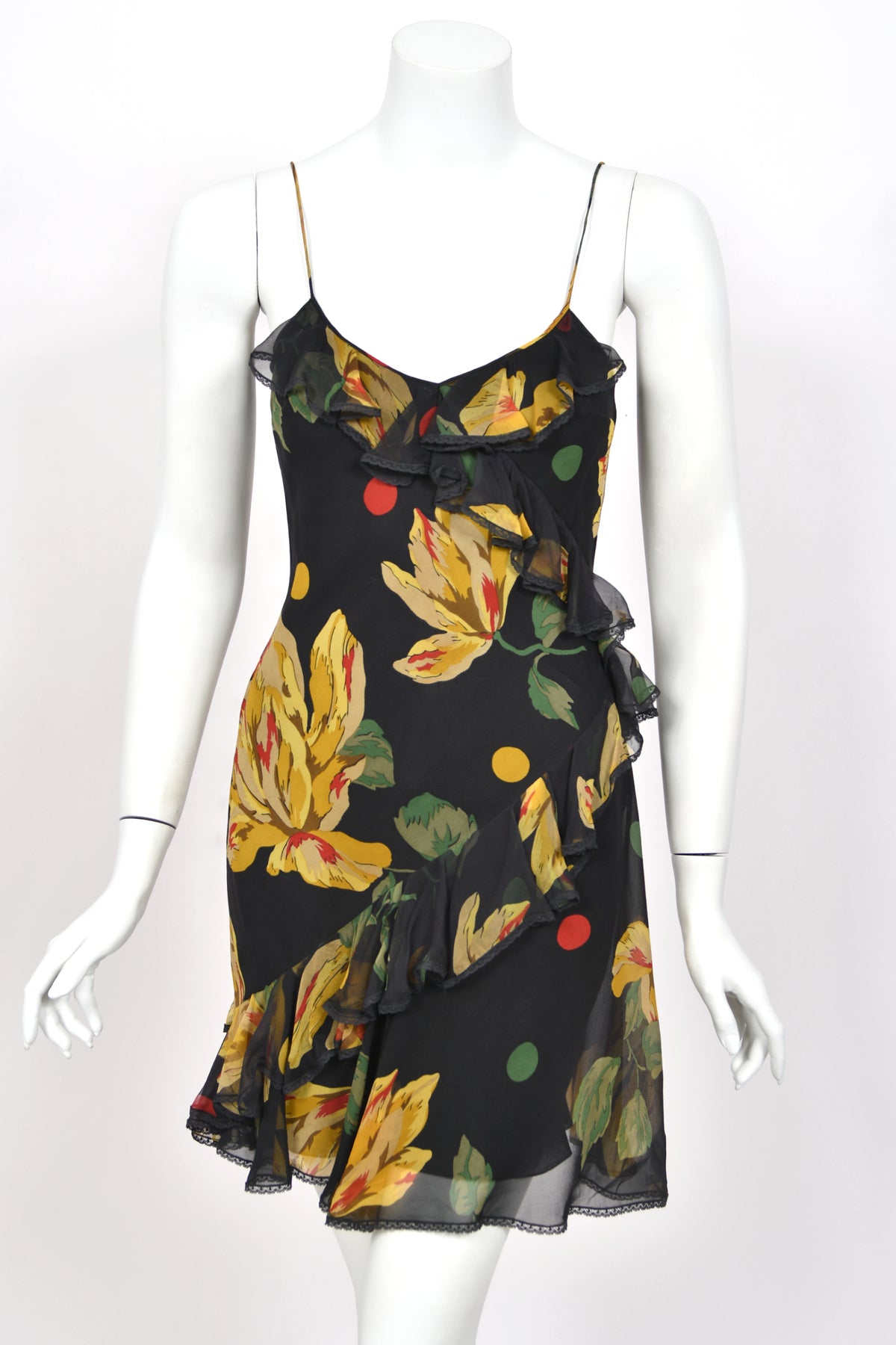 2004 John Galliano Large Scale Deco Floral Chiffon & Lace Bias-Cut Slip Dress