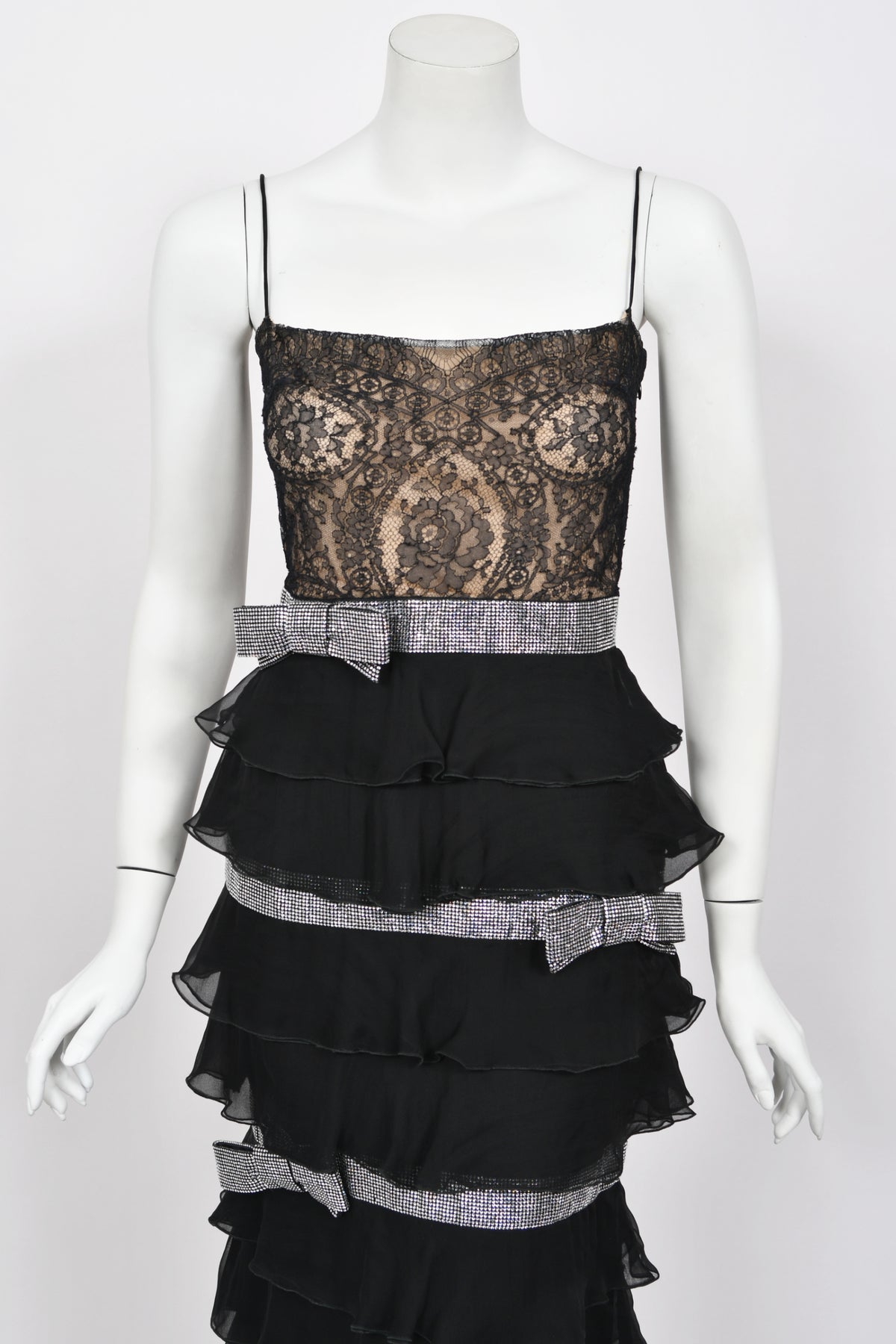 2007 Valentino Runway Black Sheer Silk &amp; Lace Illusion Crystal-Bows Tiered Gown