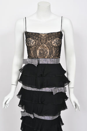 2007 Valentino Runway Black Sheer Silk & Lace Illusion Crystal-Bows Tiered Gown