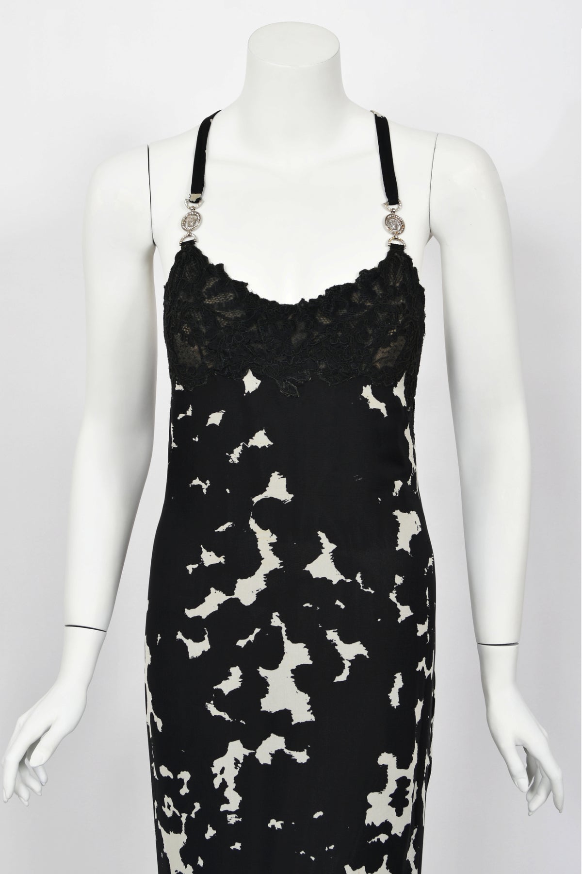 1996 Gianni Versace Couture Documented Black White Silk Lace-Bust Lingerie Gown