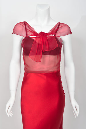 2010 Christian Dior by John Galliano Ruby Red Silk Sheer Black Bra Bias-Cut Gown