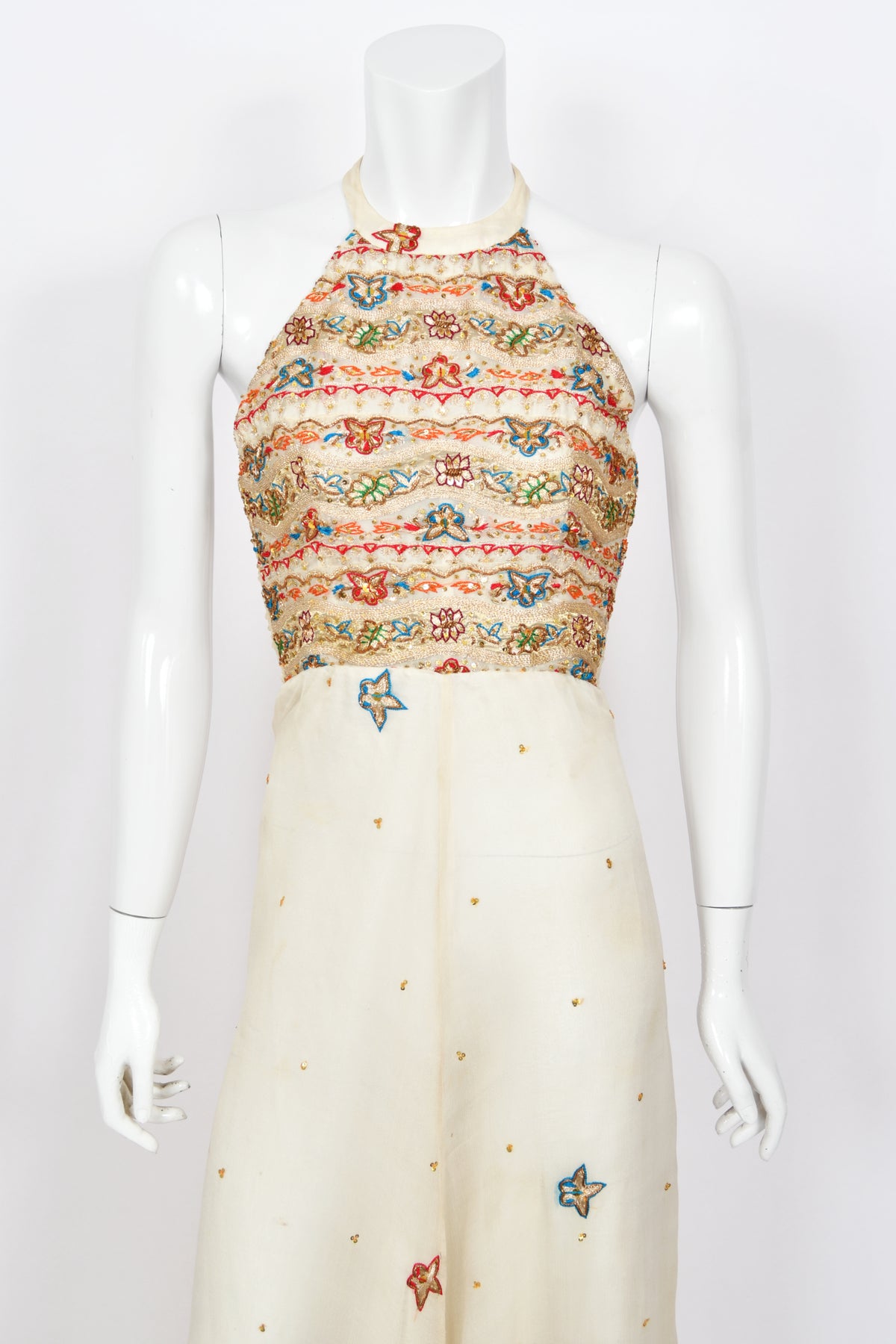 1979 Thea Porter Couture Metallic Gold Embroidered Ivory Silk-Chiffon Halter Gown