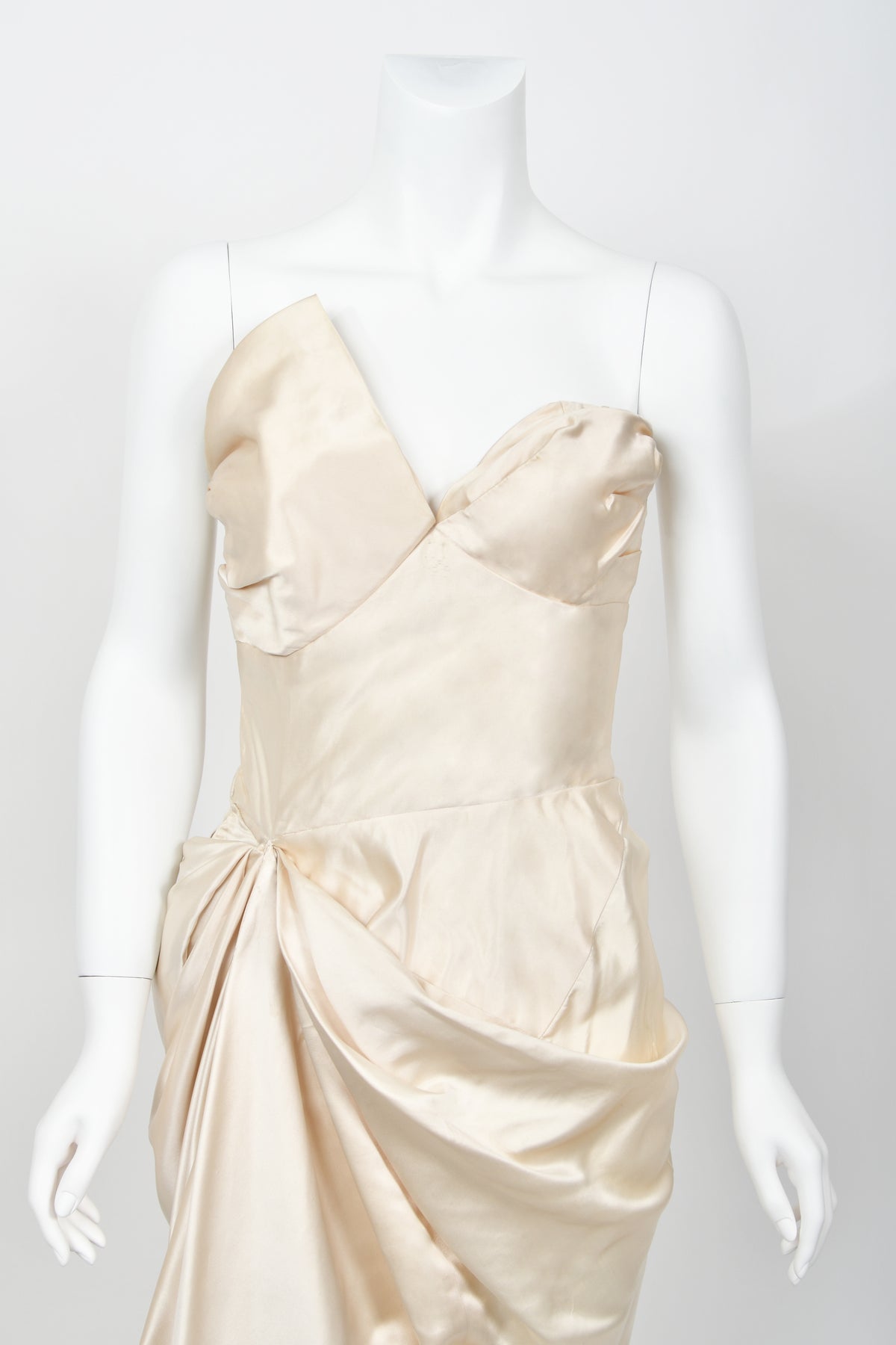 1949 Jeanne Lanvin Haute Couture Ivory Silk Satin Strapless Draped Bridal Gown