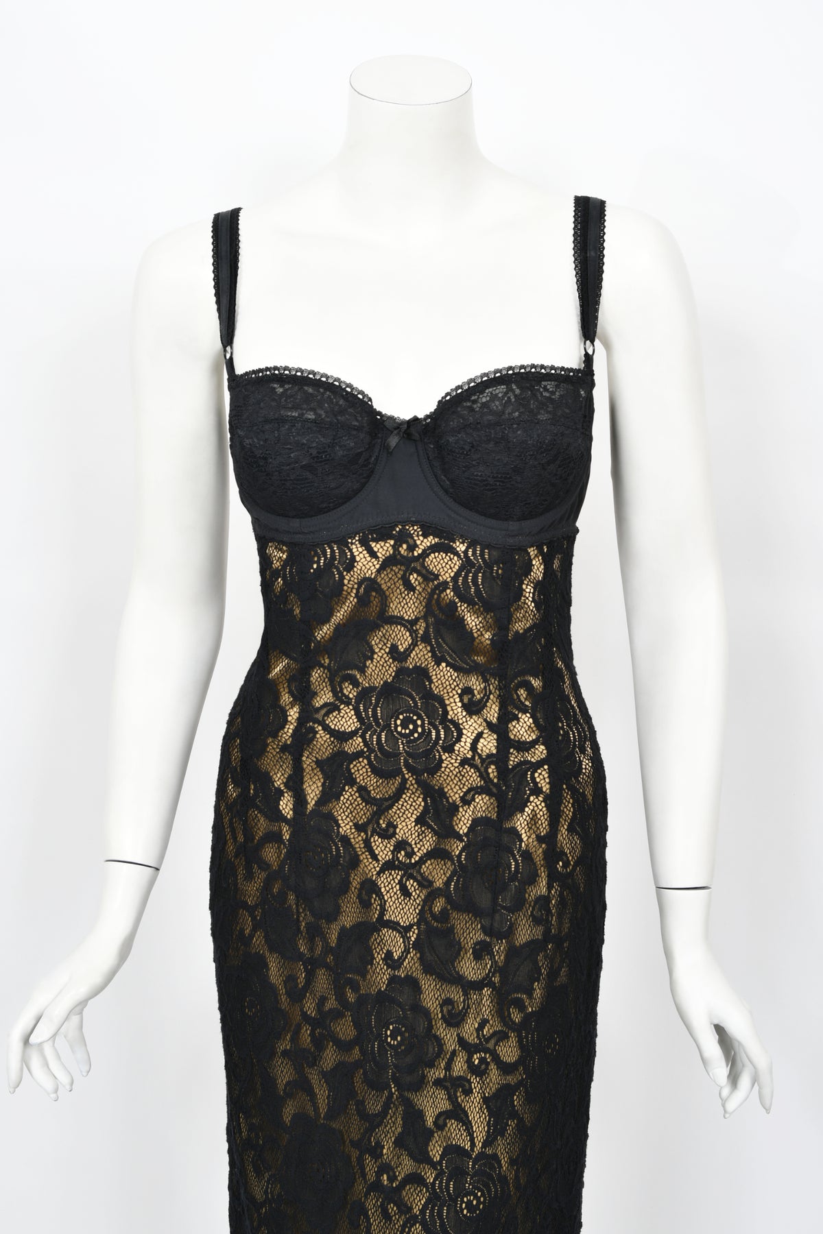 1997 Dolce &amp; Gabbana Sheer Black Stretch Lace Built-In Bra Slip Gown