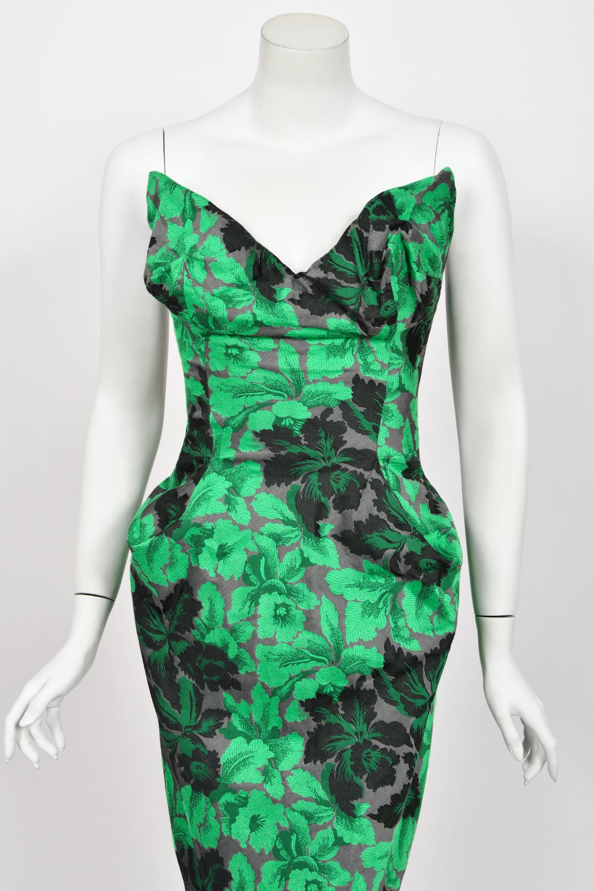 2010 Vivienne Westwood Gold Label Sculpted Green Floral Silk Brocade Corset Dress