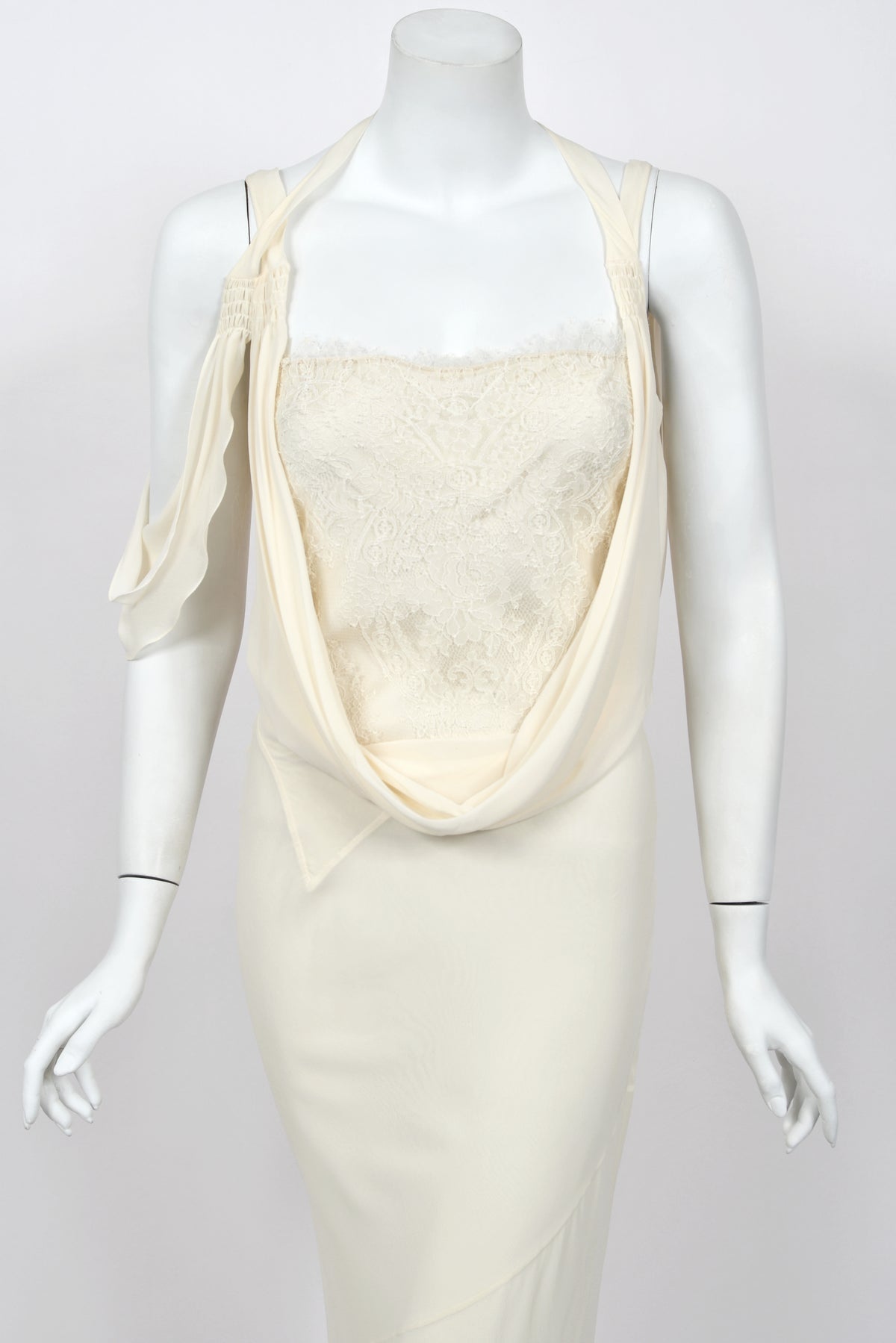 2005 John Galliano Ivory Sheer Silk Chiffon &amp; Chantilly Lace Draped Halter Bias-Cut Gown