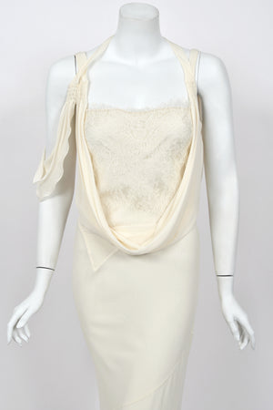 2005 John Galliano Ivory Sheer Silk Chiffon & Chantilly Lace Draped Halter Bias-Cut Gown