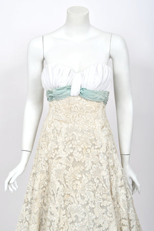 1956 Pierre Balmain Haute Couture Ivory French Lace Strapless Bustier Full-Skirt Dress