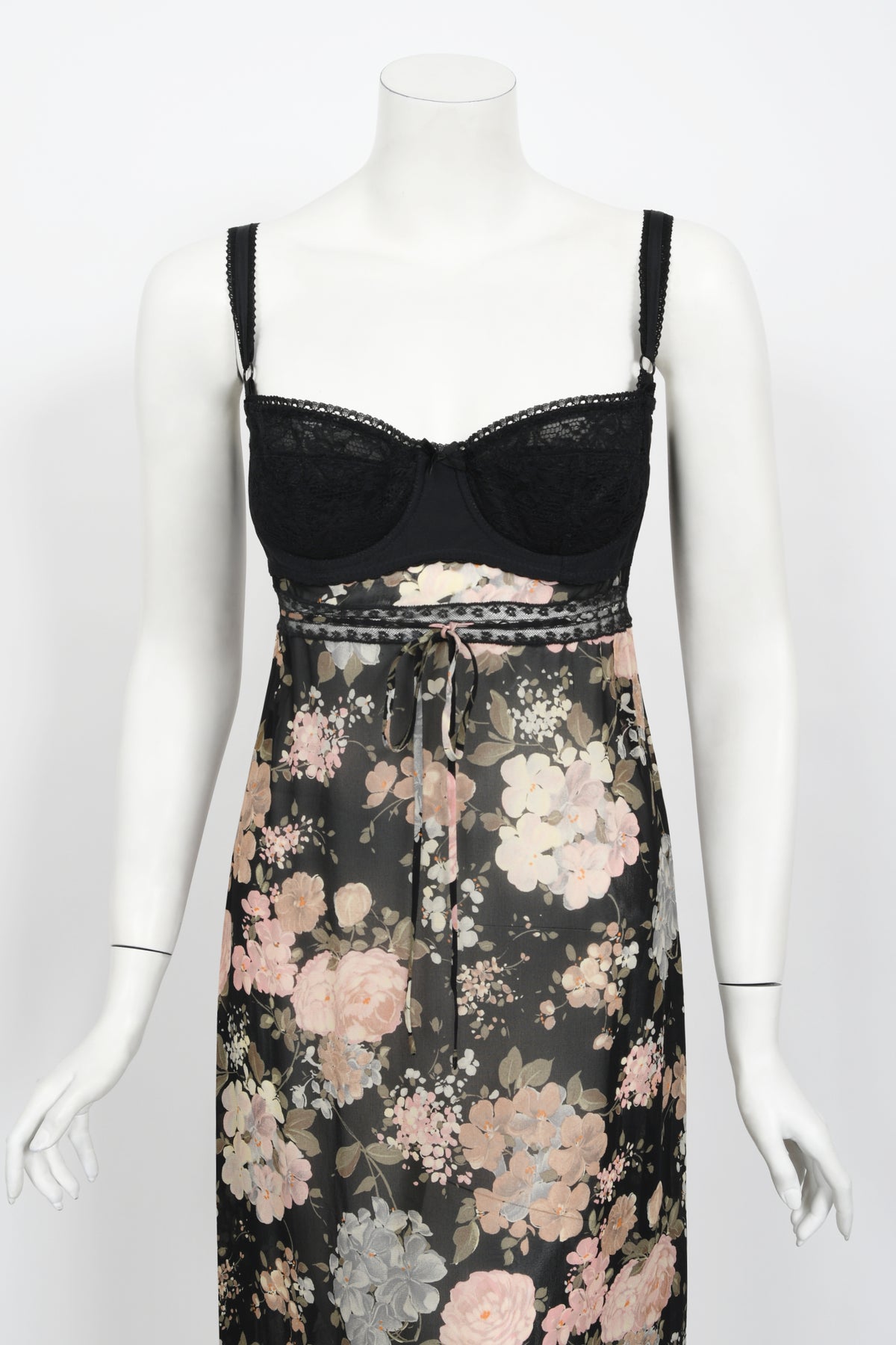 1997 Dolce &amp; Gabbana Sheer Floral Chiffon &amp; Lace Built-In Bra Slip Dress