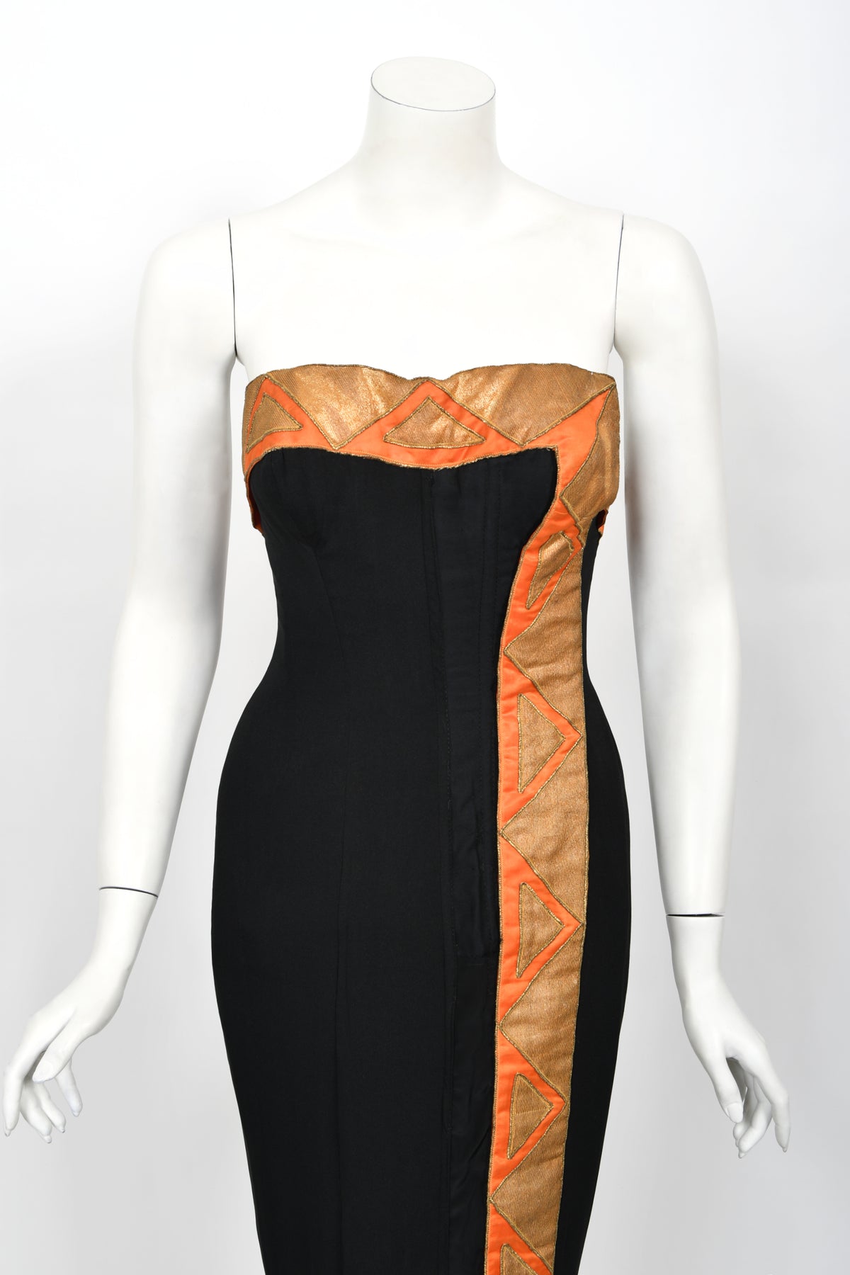 1950&#39;s Yma Sumac Custom Couture Black &amp; Orange Silk Hourglass Gown Ensemble