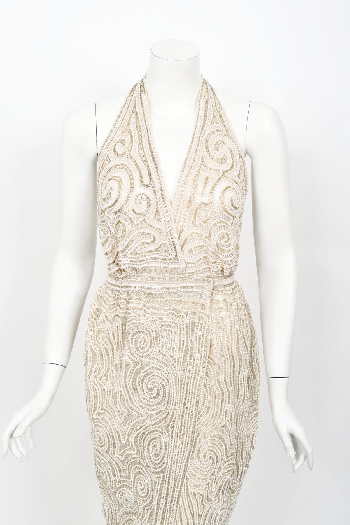 1970&#39;s Halston Couture Ivory Beaded Sheer Lace Backless Halter Wrap Gown