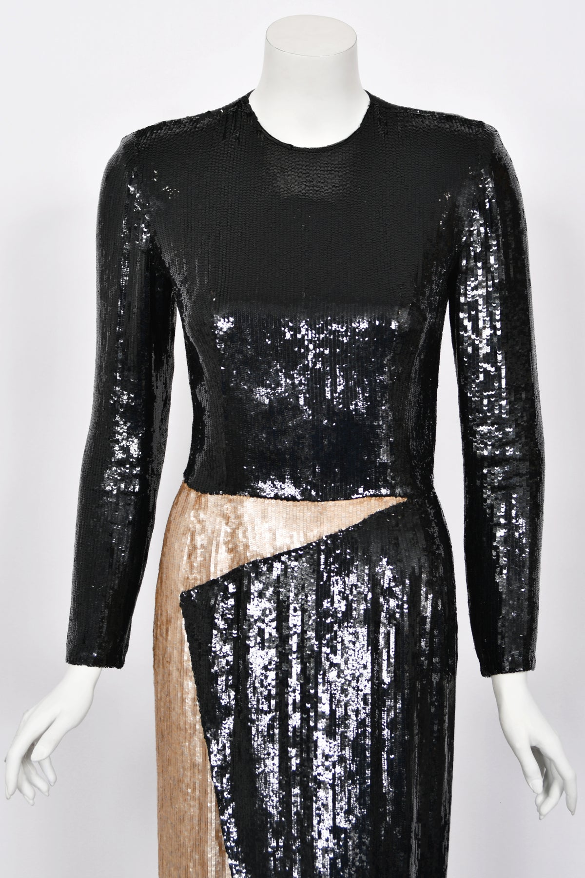 1985 Geoffrey Beene Documented Black &amp; Gold Fully-Sequin &#39;Cindy Crawford&#39; Gown