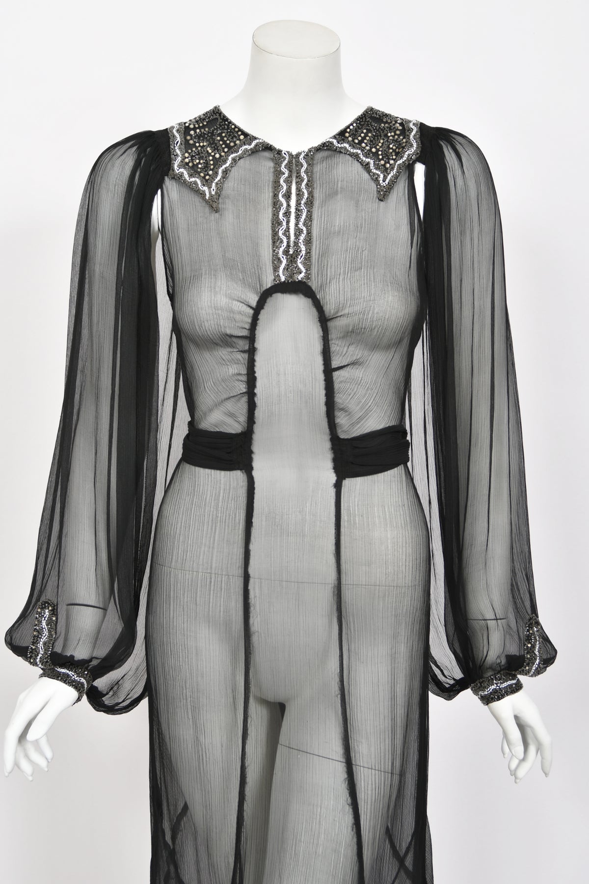 1930&#39;s Beaded Rhinestone Black Sheer Silk Chiffon Billow-Sleeve Deco Dress
