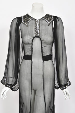 1930's Beaded Rhinestone Black Sheer Silk Chiffon Billow-Sleeve Deco Dress