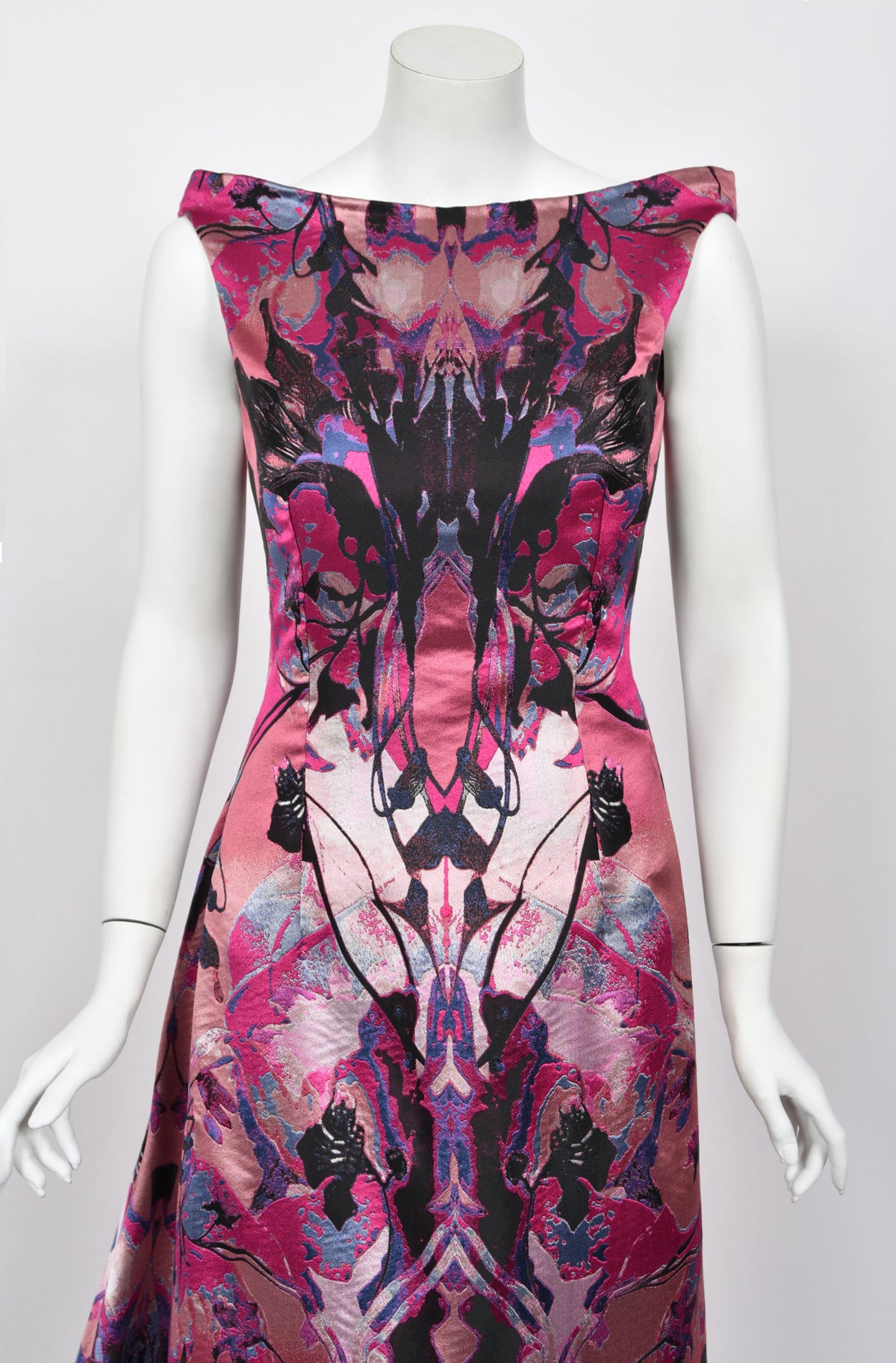 2010 Alexander McQueen Orchid Print Silk Jacquard &amp; Tulle Asymmetric Bustle Gown