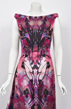 2010 Alexander McQueen Orchid Print Silk Jacquard & Tulle Asymmetric Bustle Gown
