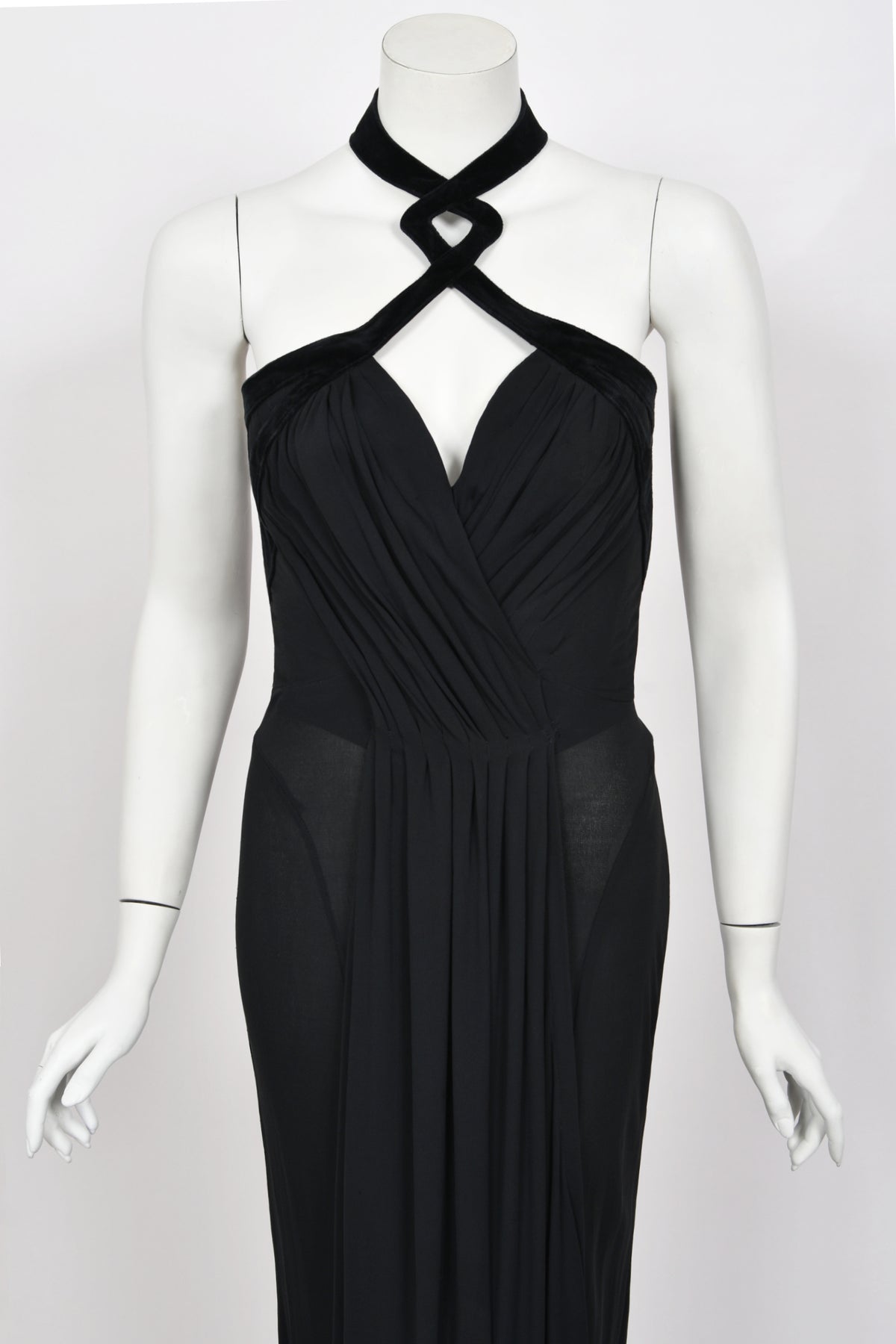 1998 Thierry Mugler Runway Black Silk-Jersey &amp; Velvet Bustier Cut-Out Halter Gown