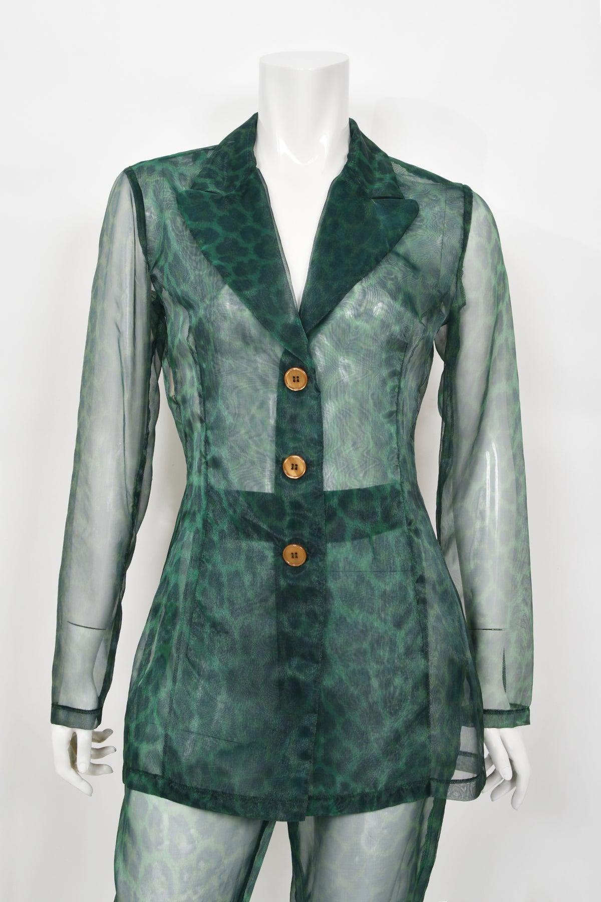 1997 Rifat Ozbek Sheer Green Leopard Print Blazer &amp; Trousers Pantsuit