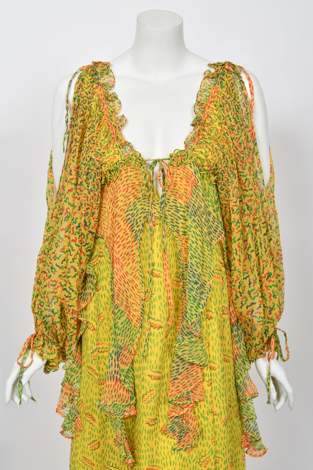 1971 Ossie Clark for Quorum Celia Birtwell Yellow Print Sheer Silk Chiffon Cut-Out Dress