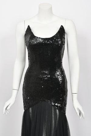 1986 Thierry Mugler 'Hiver Russe' Collection Black Sequin Bustier Sheer Gown