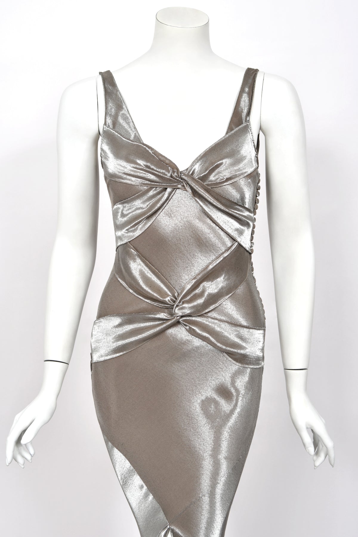 2004 Christian Dior by John Galliano Rare Sample Metallic Silk Lamé Bias-Cut High Slit Gown