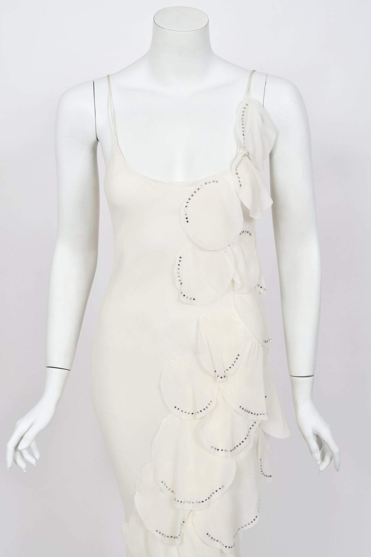 1990 Angelo Tarlazzi Paris Couture Ivory Silk Rhinestone Petals Bias-Cut Trained Gown