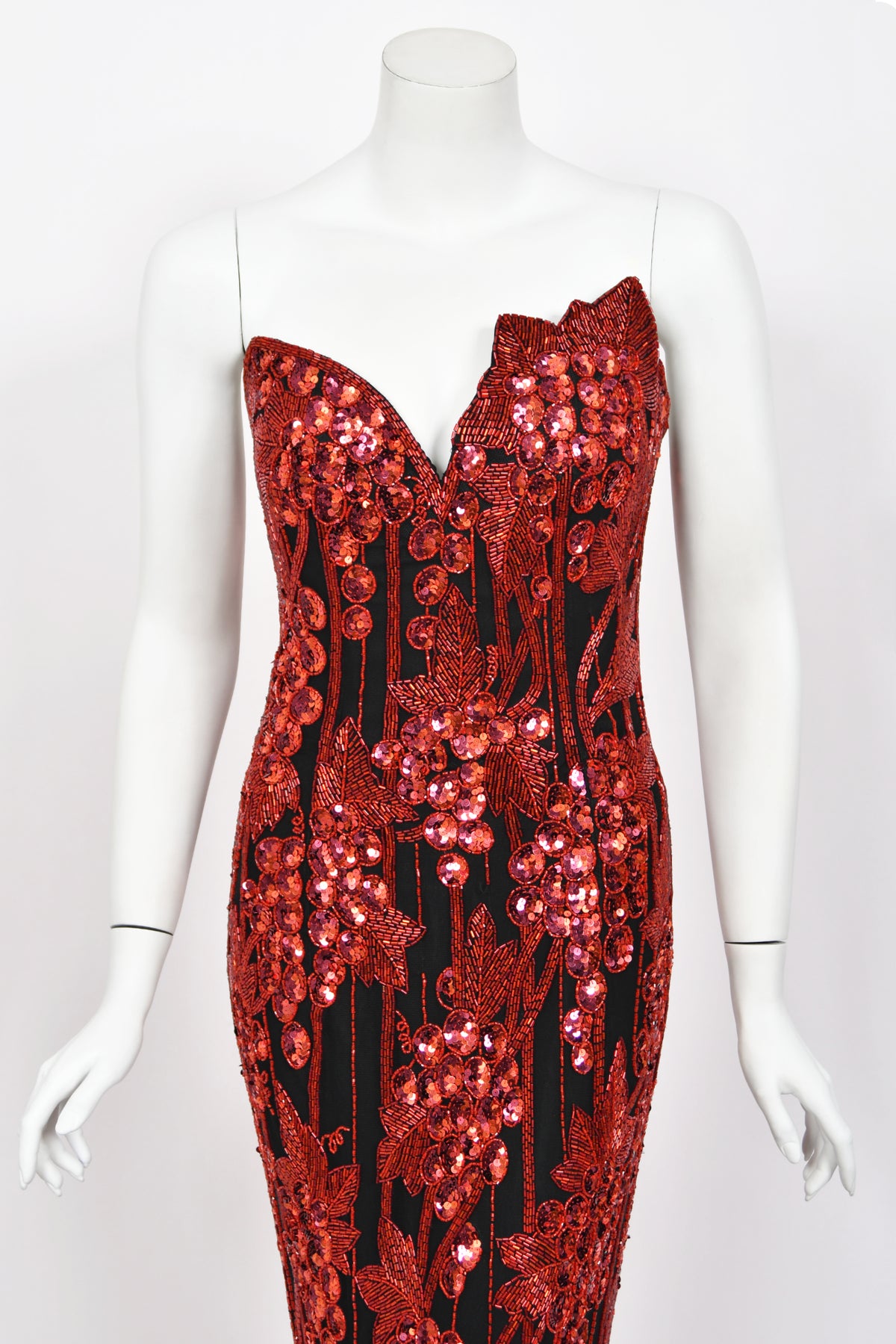 1990 Bob Mackie Red Grapevines Beaded Sequin Silk Strapless Hourglass Slit Gown