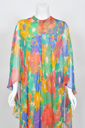 1967 Givenchy Haute Couture Colorful Floral Sheer Silk Draped Caftan Maxi Dress