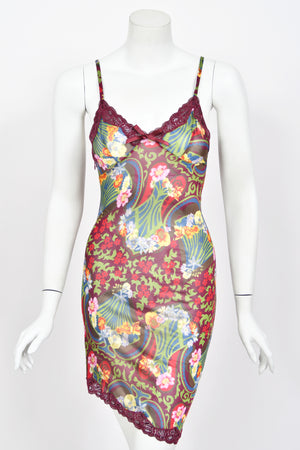 2005 Christian Dior by John Galliano Burgundy Floral Semi-Sheer Mini Slip Dress w/ Tags