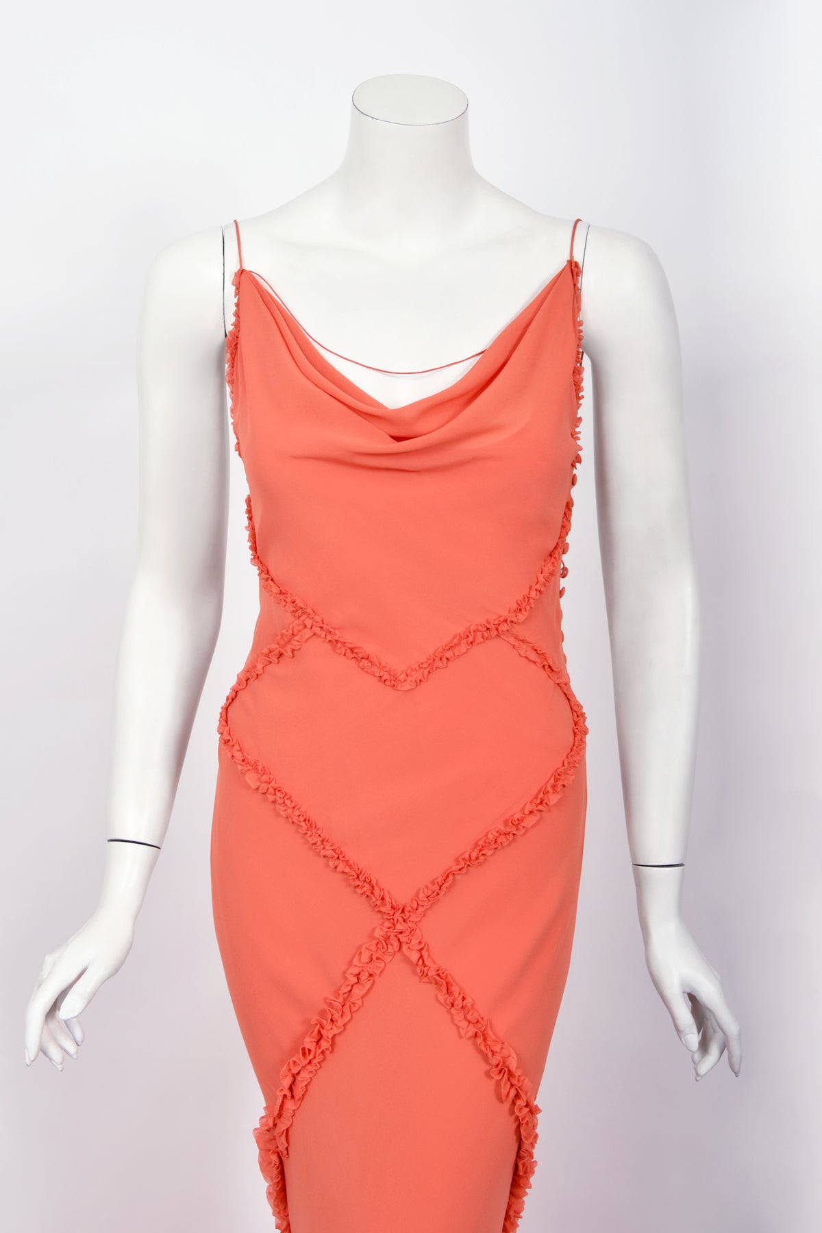 2008 John Galliano Coral Pink Silk Bias-Cut Scalloped Train Backless Gown