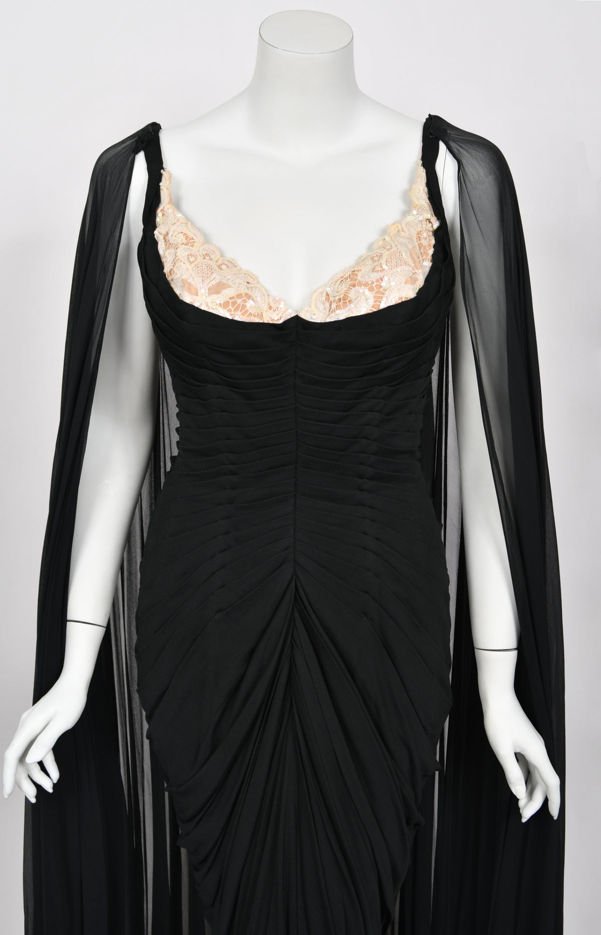 1964 Yma Sumac Documented Custom Couture Ruched Black Silk Hourglass Gown w/ Cape