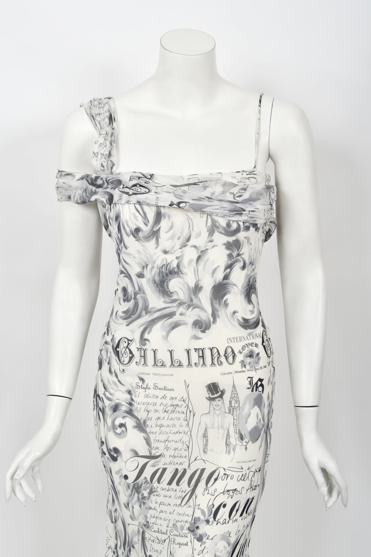 2006 John Galliano Documented Newspaper Print Silk Chiffon Bias-Cut Slip Dress
