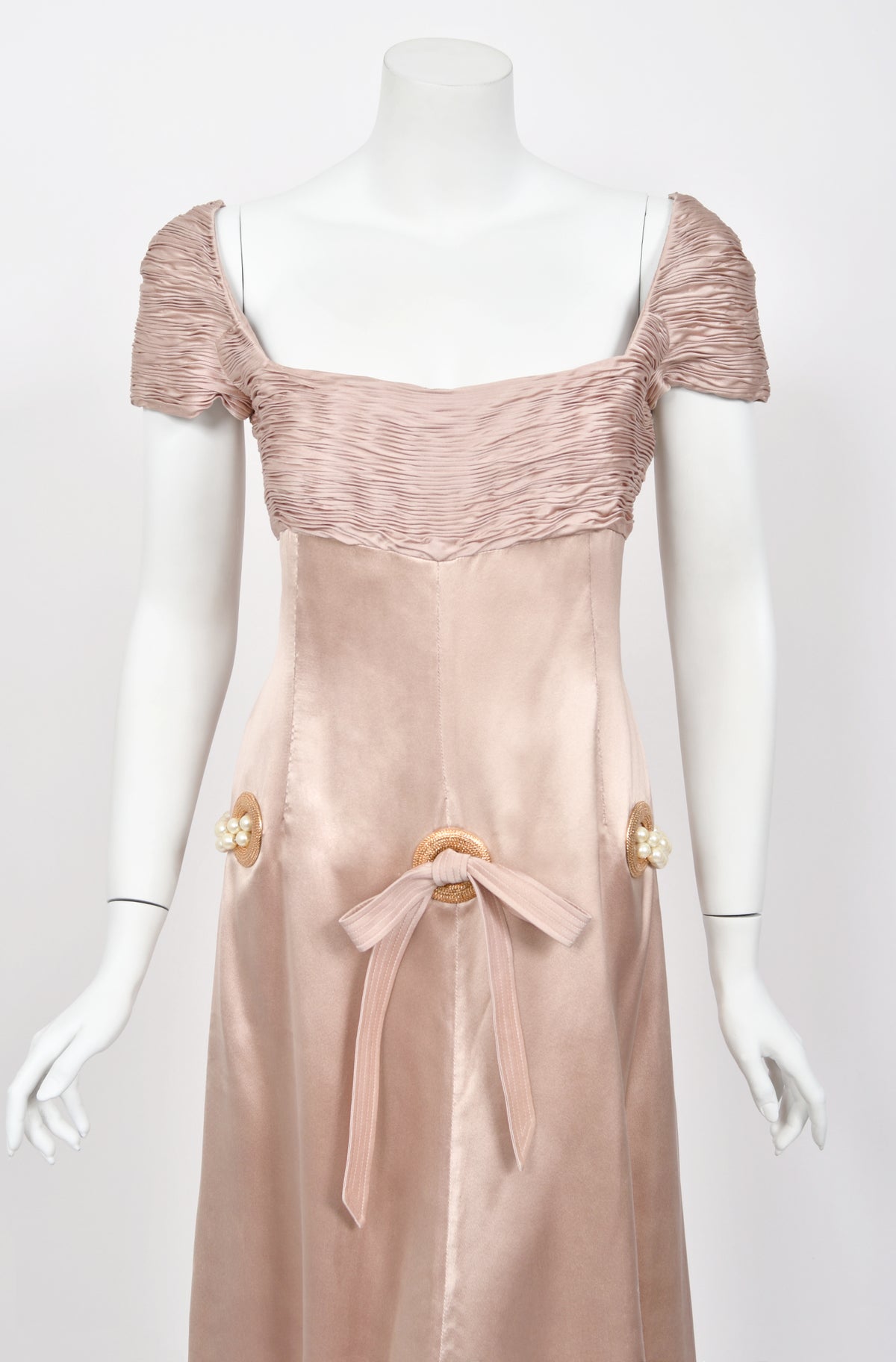 2005 Valentino Runway Blush Pink Silk Pleated Bodice Draped Pearl-Belted Dress