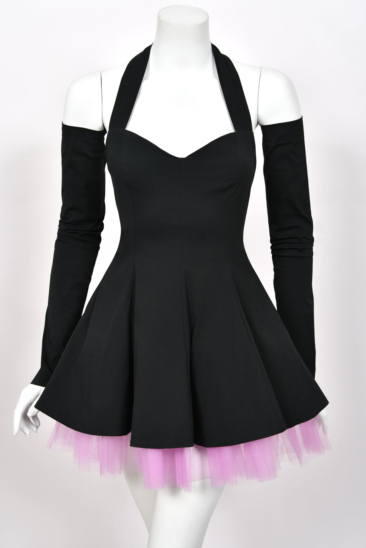 1992 Dolce & Gabbana Runway Black Stretch Cotton & Lilac Tulle Halter Mini Dress w/ Gloves