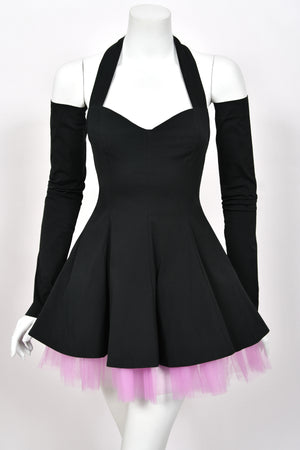 1992 Dolce & Gabbana Runway Black Stretch Cotton & Lilac Tulle Halter Mini Dress w/ Gloves