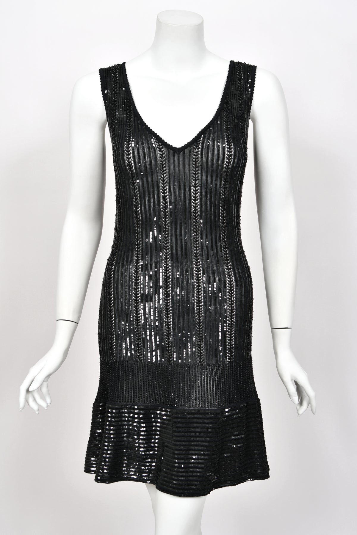 1996 Azzedine Alaia Beaded Sequin Black Semi-Sheer Stretch Knit Flounced Mini Dress